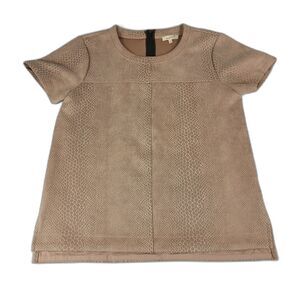 Mystree Women's Faux Suede Animal Print Short Sleeve Shirt Size S Beige Color